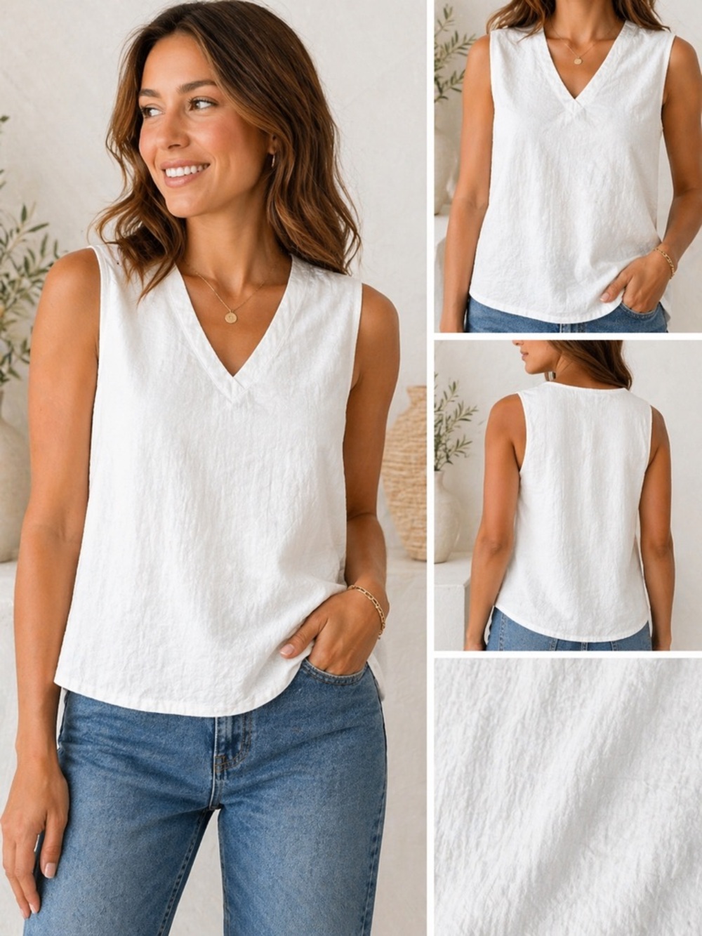 Justify Size 6 White Gauze 100%  cotton Sleeveless  Textured V-Neck Flowy Top